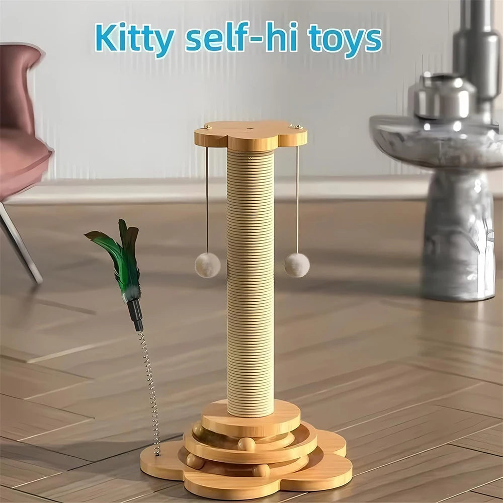 Wooden Cat Turntable Toy – Interactive Play with Stick Balls & Sisal Scratching Board 🐱🎾