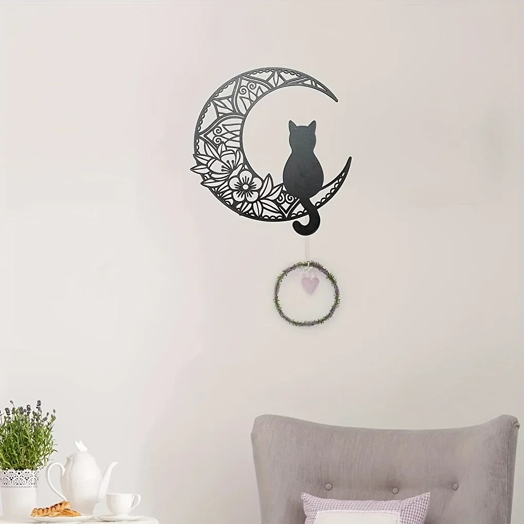 Black Cat on the Moon Metal Wall Decor – Elegant Cat Lover’s Home Sculpture 🌙🐱