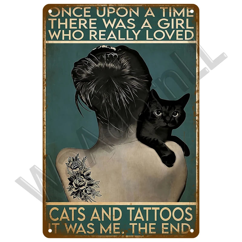 Retro Black Cat Tin Sign Art Metal Sign Funny Inspirational Home Decoration