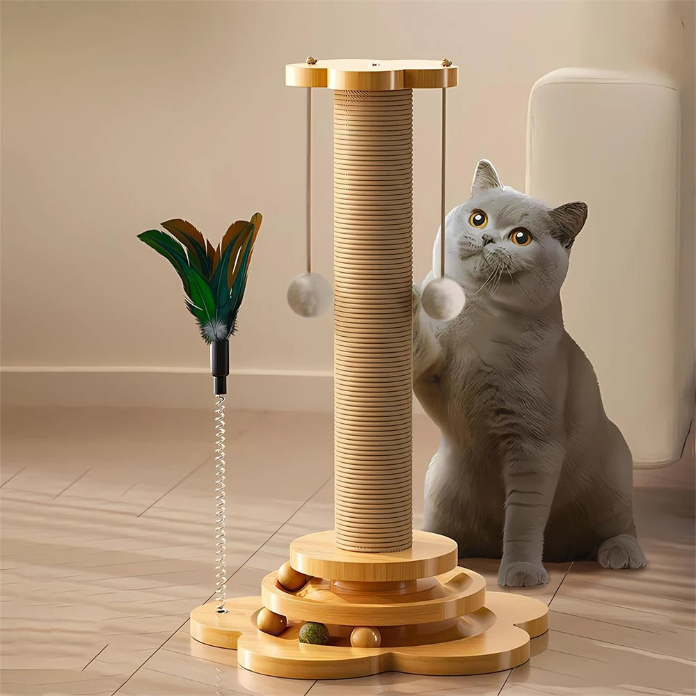 Wooden Cat Turntable Toy – Interactive Play with Stick Balls & Sisal Scratching Board 🐱🎾