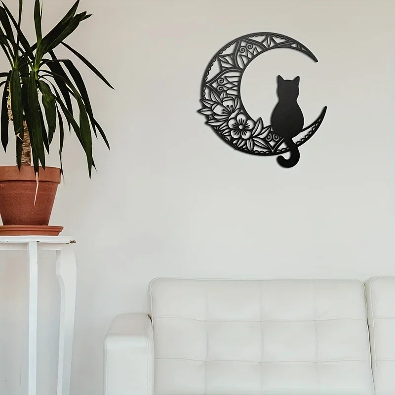 Black Cat on the Moon Metal Wall Decor – Elegant Cat Lover’s Home Sculpture 🌙🐱