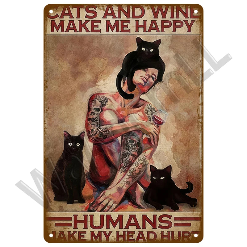 Retro Black Cat Tin Sign Art Metal Sign Funny Inspirational Home Decoration